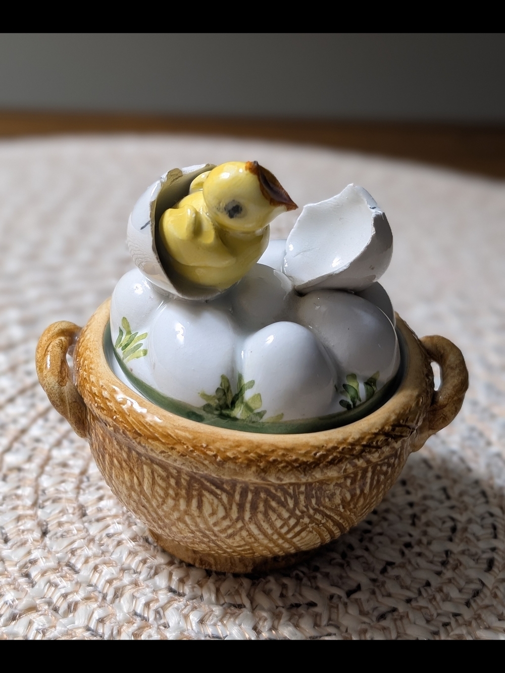 Vintage Italian Majolica Chick Trinket Box Hand Painted Wicker Basket